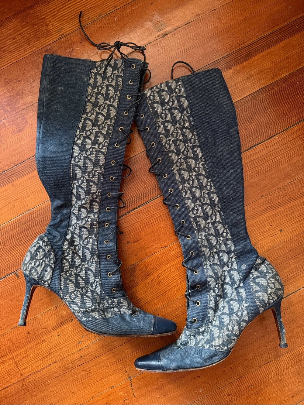 Vintage Dior by Galliano Denim Lace-Up Knee-High Boots